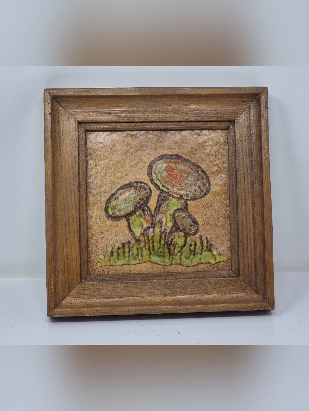 Vintage 1960'S? Italian Semigres Mushroom Tile In Wooden Frame